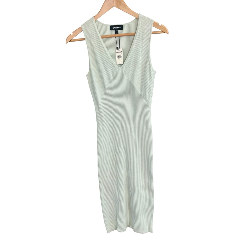 NWT Express Sleeveless Ribbed V-Neck Midi Sweater Dress Petite XS Mint Green